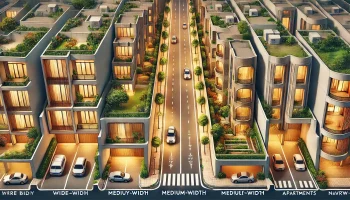DALL·E 2025-01-26 17.58.41 - A detailed illustration showing the impact of street and alley width on real estate prices in Iran, including three sections_ a wide boulevard with lu